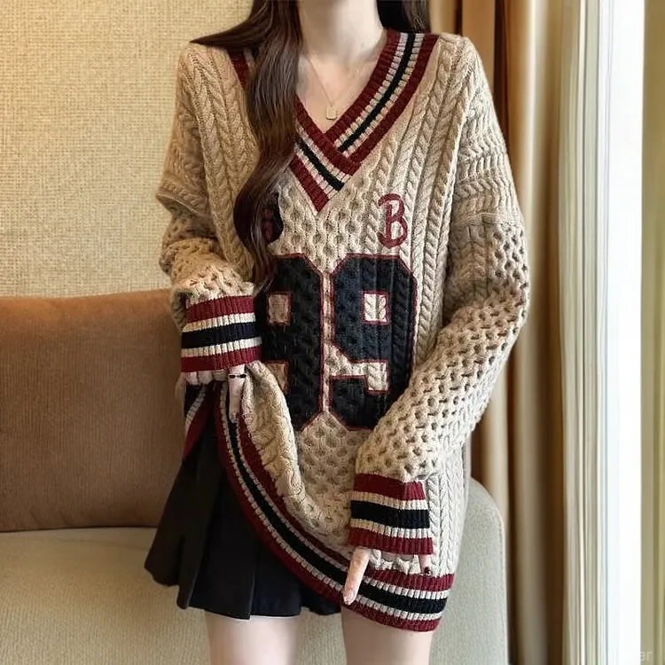 时尚新款复古打底条纹领套头毛衣女秋季宽松慵懒长袖针秋装就它了