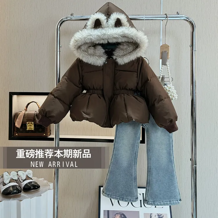 女童棉服外套新款小女孩洋气时尚加绒加厚冬装儿童气质牛仔裤套装
