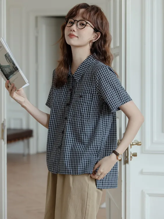 日系学院风格子短袖衬衫女夏季2025新款设计感小众小个子休闲上衣