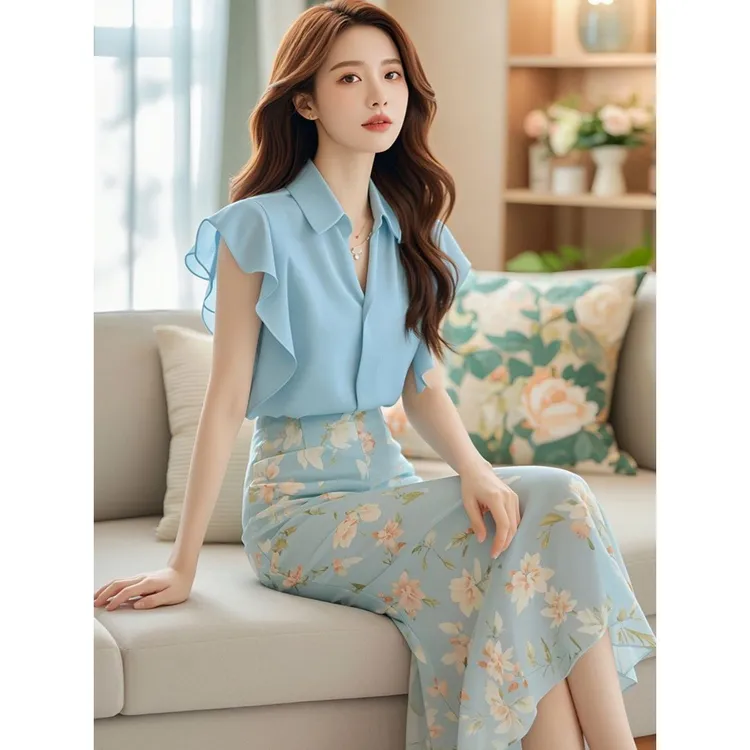 夏天搭配一整套时尚今年流行的漂亮盐系炸街蓝色衬衫裙子两件套装