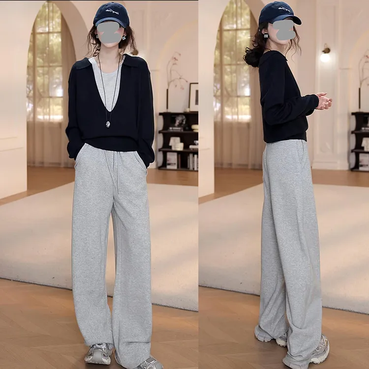 2025年早秋百搭V领假两件长袖宽松显瘦直筒裤卫裤休闲套装女装Y