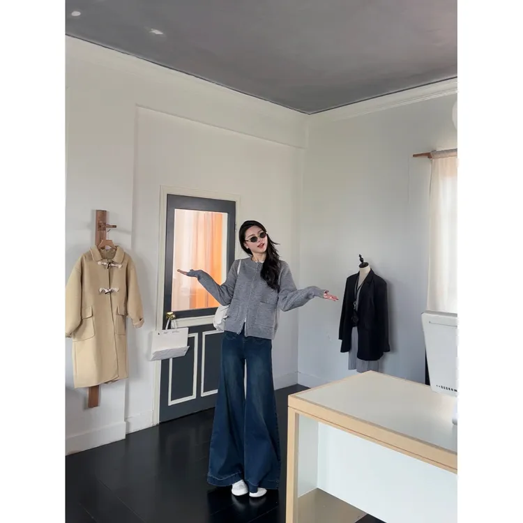 【修容牛仔】加长复古做旧垂感蓝色直筒宽松筒阔腿牛仔裤 25106