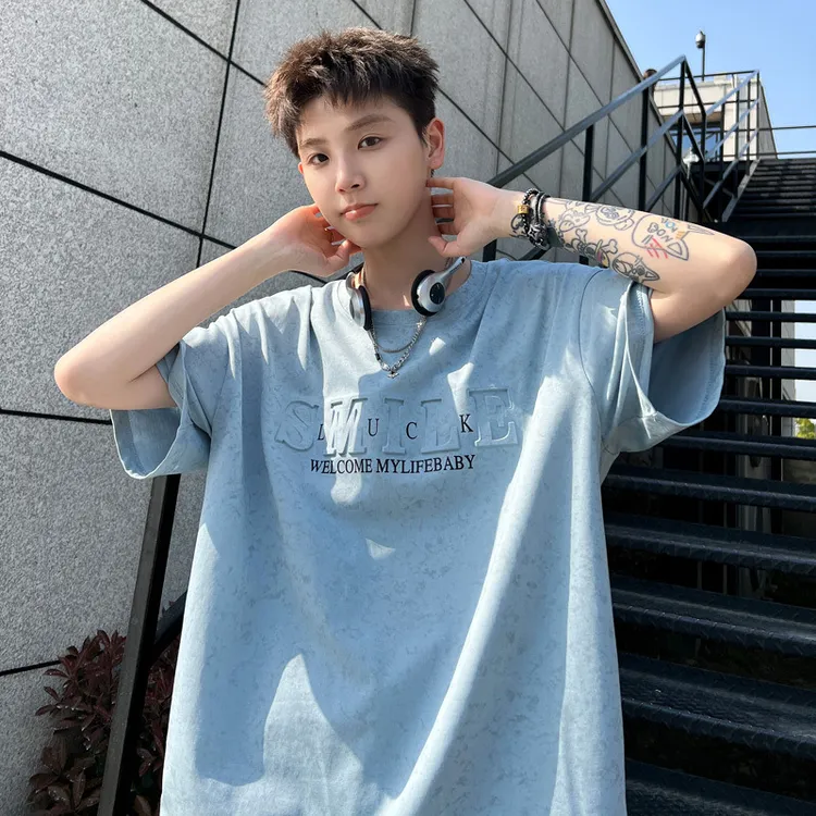 2025男士夏季宽松百搭潮流韩版时尚印花圆领白色恤年新款男上衣