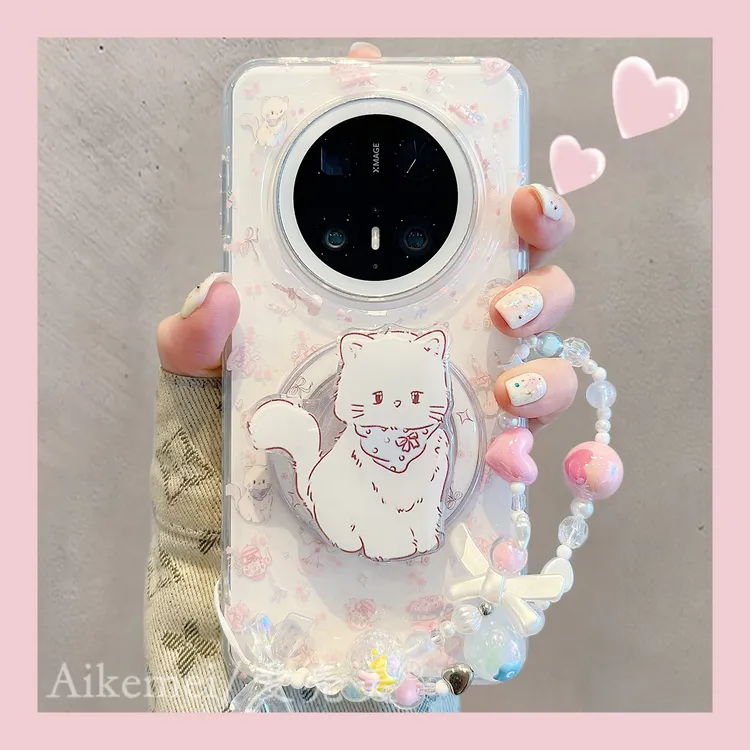 适用华为mate70pro+手机壳蛋糕猫咪Mate60pro+蝴蝶结磁吸支架链条