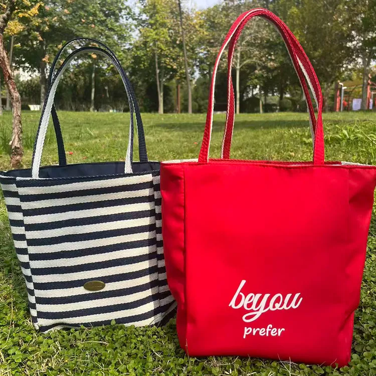 条纹帆布包2025款包包慵懒风托特包学生手提包大容量加厚结实耐用