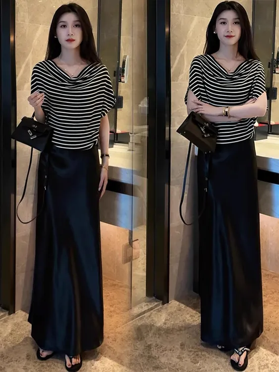 时尚连衣裙套装女2025夏季新款宽松显瘦条纹短袖上衣半身裙两件套