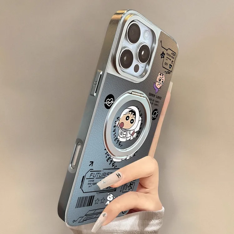 太空小新适用苹果16promax新款旋转支架手机壳小羊皮防摔iphone15
