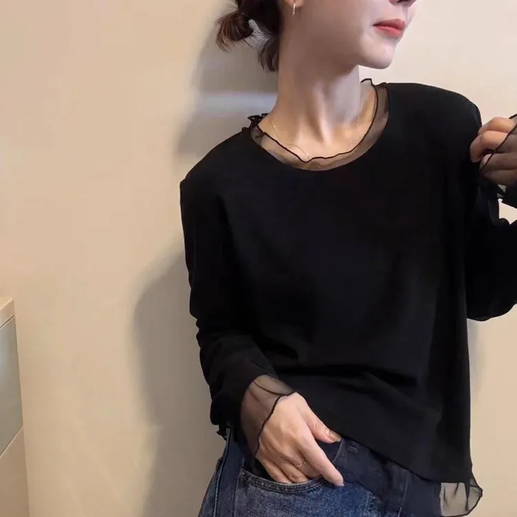 【现货发】圆领拼纱长袖T恤打底衫女秋季时尚百搭弹力休闲上衣