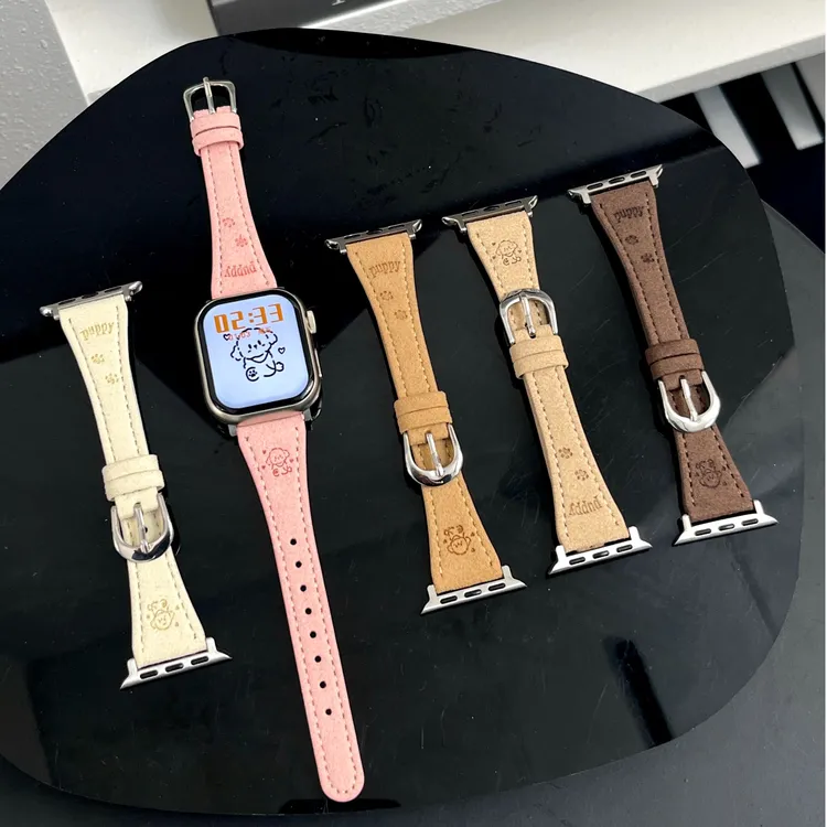 创意小狗印花翻毛皮表带适用于苹果手表S10/9绒面秋冬iwatch876代