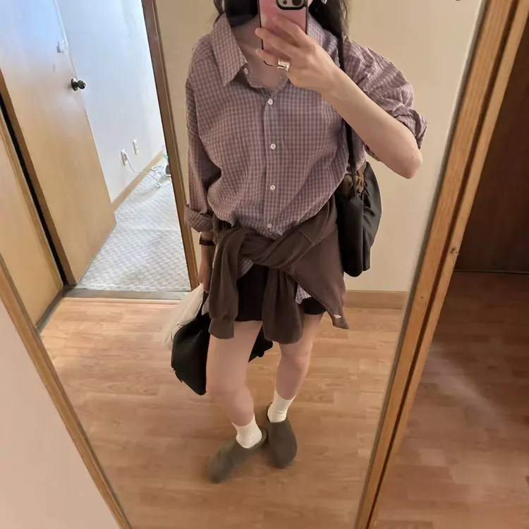 甜粿妹妹 韩系简约休闲百搭宽松显瘦翻领格子长袖衬衫女上衣