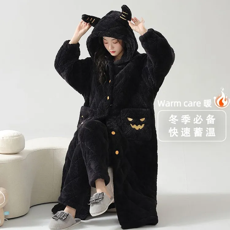 冬天连帽三层夹棉2025新款冬季珊瑚绒睡衣女加绒加厚可外穿家居服