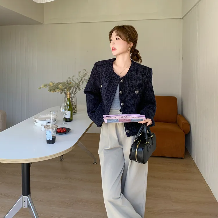 深蓝色气质小香风短款外套女2025新款名媛高级感秋季通勤百搭上衣