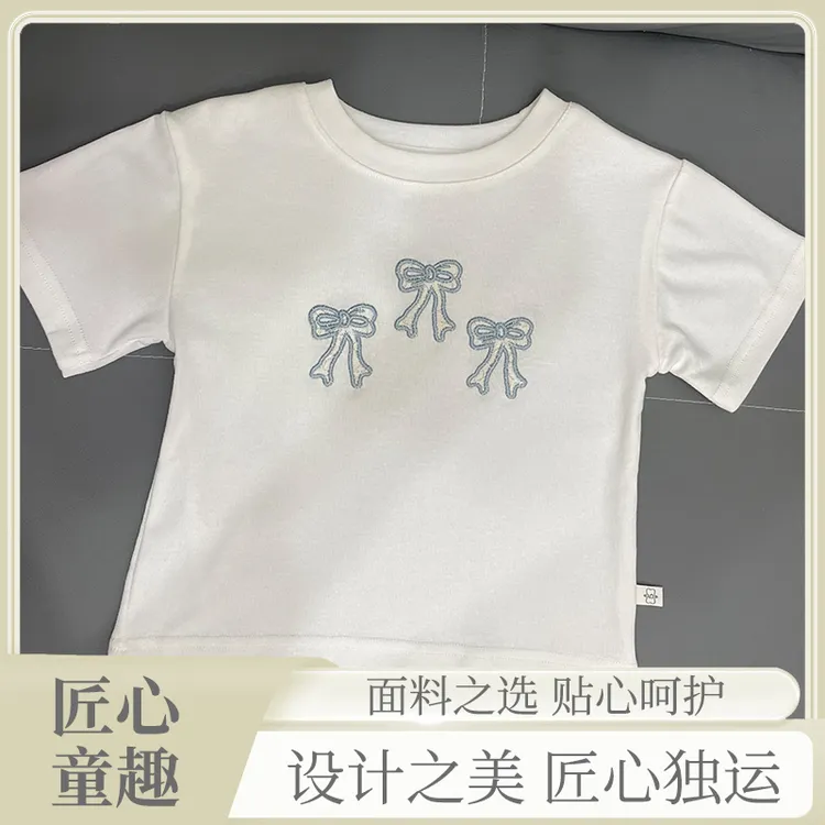 夏季宝宝儿童韩国新款上衣修身洋气蝴蝶结甜美风短袖女童纯棉T恤