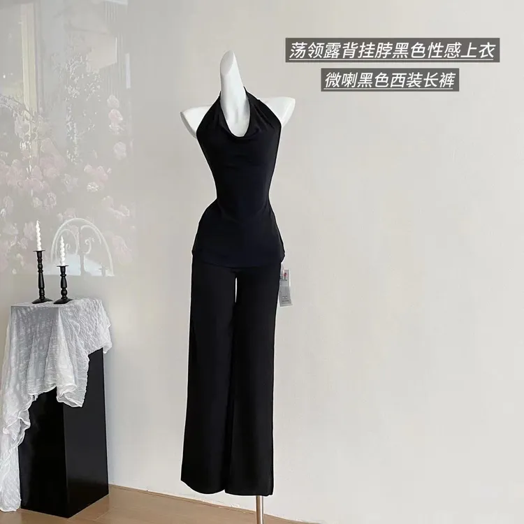 网红百搭辣妹荡领露背挂脖吊带背心+黑色直筒阔腿裤低腰长裤套装 