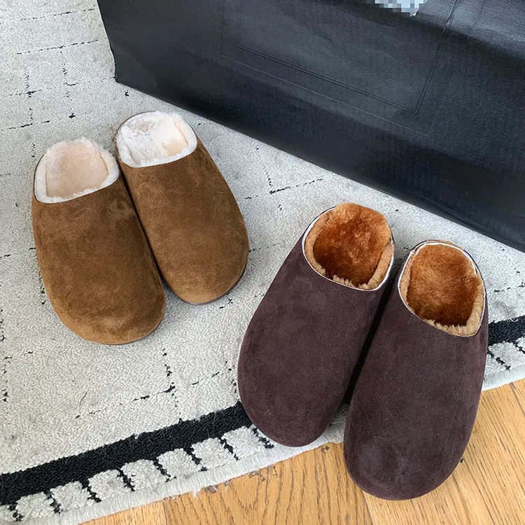 SHISANZHOU/踩云拖 “真皮”保暖加绒勃肯包头鞋外穿居家拖鞋冬季女
