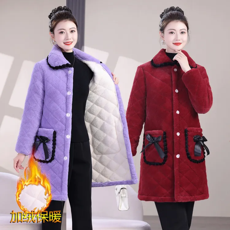 罩衣女冬装新款加绒保暖棉衣中长款加厚防寒外套妈妈装工作服棉服