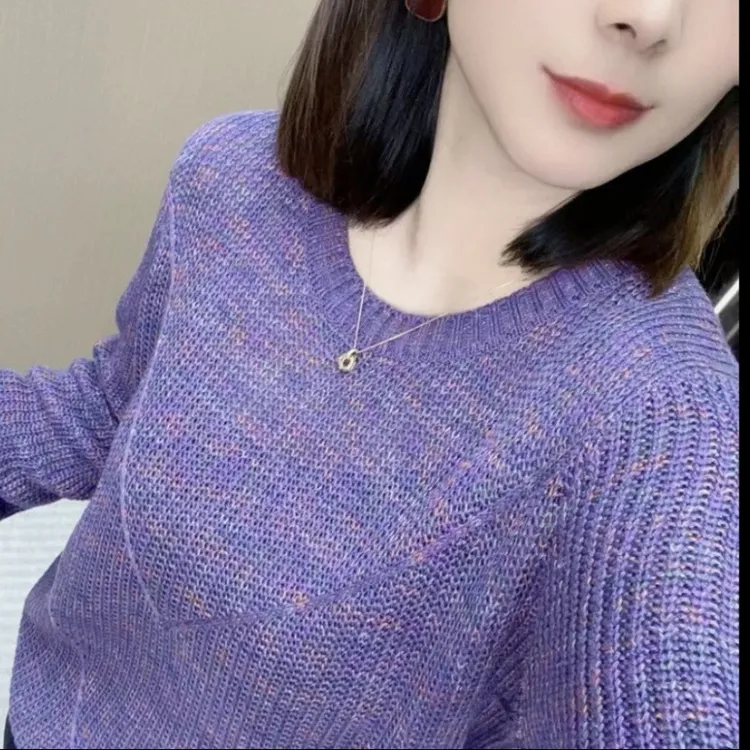 西蒙莱纳 春秋幻彩圆领套头衫女长袖气质百搭宽松新款针