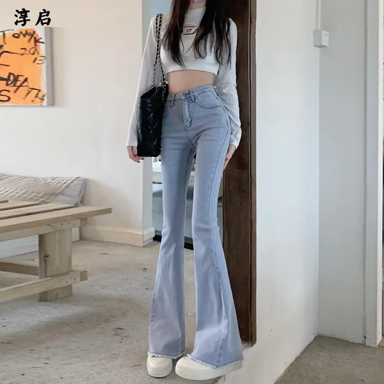 淳启时尚高腰修身显瘦微喇叭牛仔裤女2025新款夏季显高马蹄拖地裤