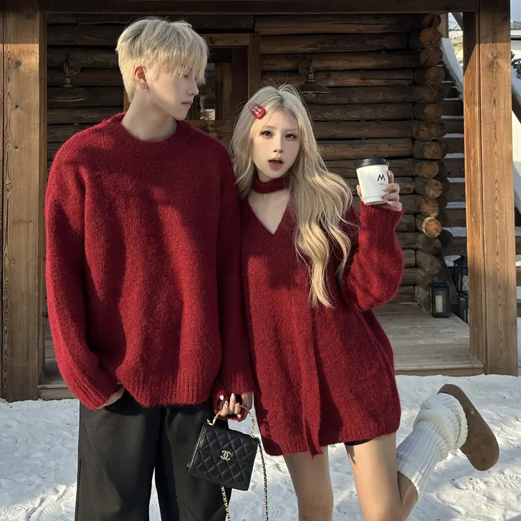 情侣装氛围感红色v领毛衣女秋冬季慵懒风针织衫新年战袍圣诞穿搭