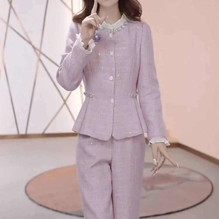 高端粗花呢精纺时尚气质端庄两件套2025春秋新款洋气上衣裤子套装