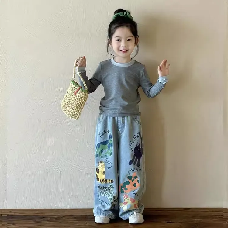 女童牛仔裤直筒春秋装2025新款洋气儿童宽松裤子宝宝秋季阔腿长裤