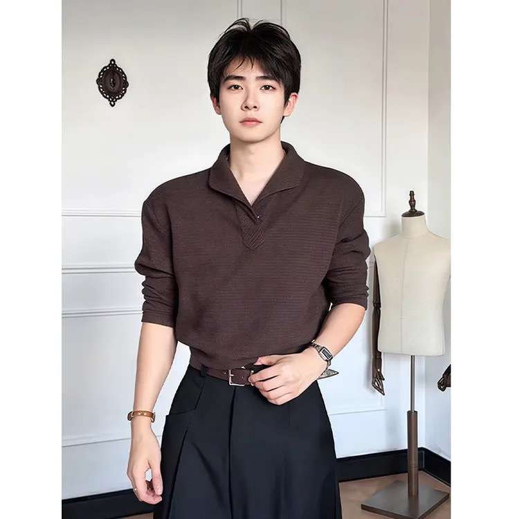 老钱风棕色正肩polo衫男秋季罗马格意式一片领长袖t恤轻奢打底衫