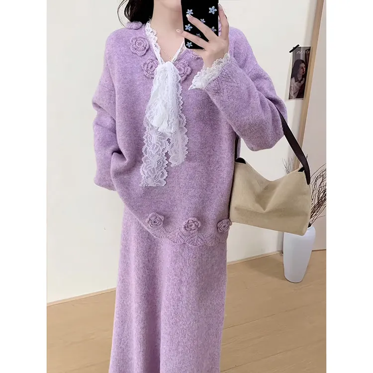2025秋冬新款松弛感针织套装女立体花朵V领系带毛衣半身裙两件套