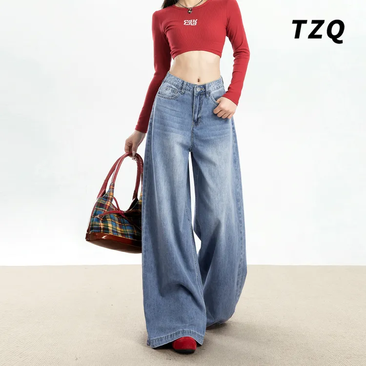 水洗蓝美式阔腿牛仔裤女春秋高腰显瘦垂感拖地直筒裤子TZQ2512020