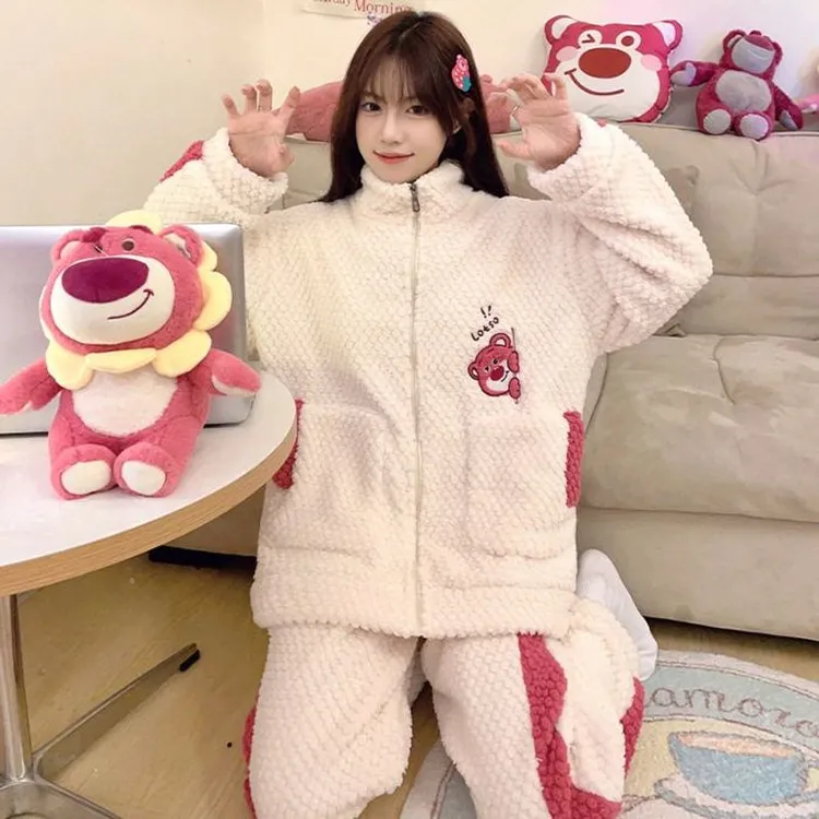 跨境冬季长袖拉链款睡衣女玫瑰绒冬天保暖甜美可爱少女家居服套