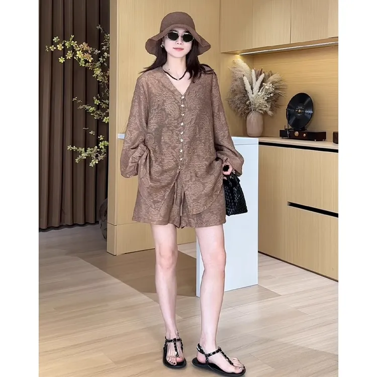 欧货小众设计V领银扣提花亚麻套装女夏季款搭配一整套防晒两件套