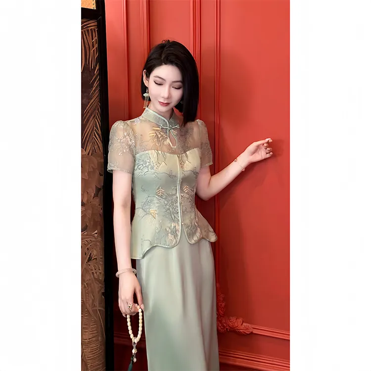 格娜【滕王阁序】国风夏季气质套装盘扣透纱刺绣半身裙洋气两件套