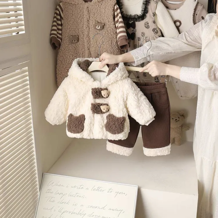 宝宝秋冬夹棉套装超萌女宝宝加棉加绒连帽棉衣幼儿保暖冬装两件套