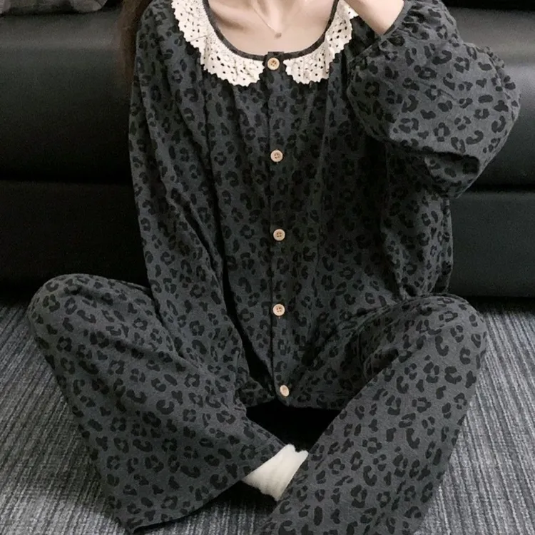 【花灰豹纹】2025秋冬新款春秋宽松显瘦大码长袖睡衣女开衫圆领