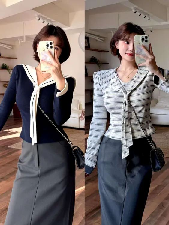 蕾英俊-星野信笺-秋季复古学院温柔甜美撞色海军领针织上衣JF6613