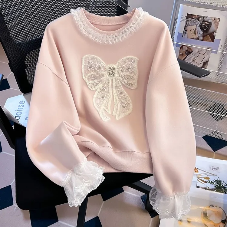 女童春季新款卫衣2025蕾丝边蝴蝶结上衣中大童圆领长袖上衣宽松潮