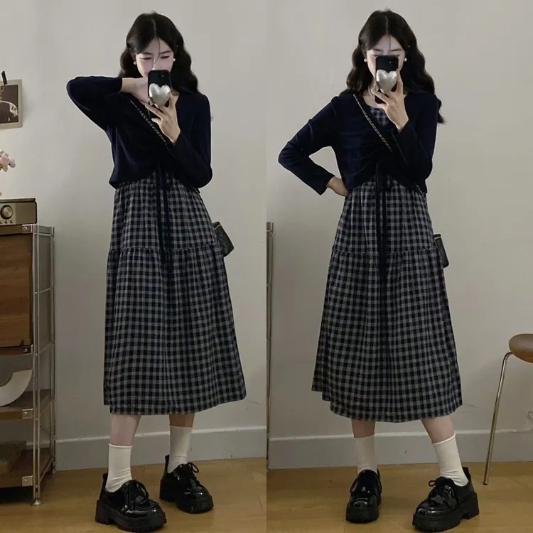 大码胖mm新款秋季韩版气质修身收腰显瘦真两件连衣裙套装女