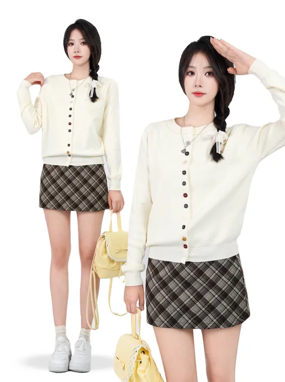 [街调]百搭女春季毛针织衫圆领短款小香风冬季长袖针织毛衣