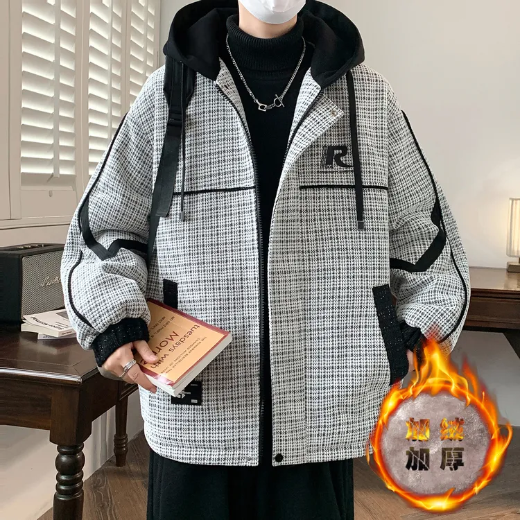 男士外套加绒加厚冬季连帽休闲雪尼尔夹克男生宽松防寒保暖棉衣服