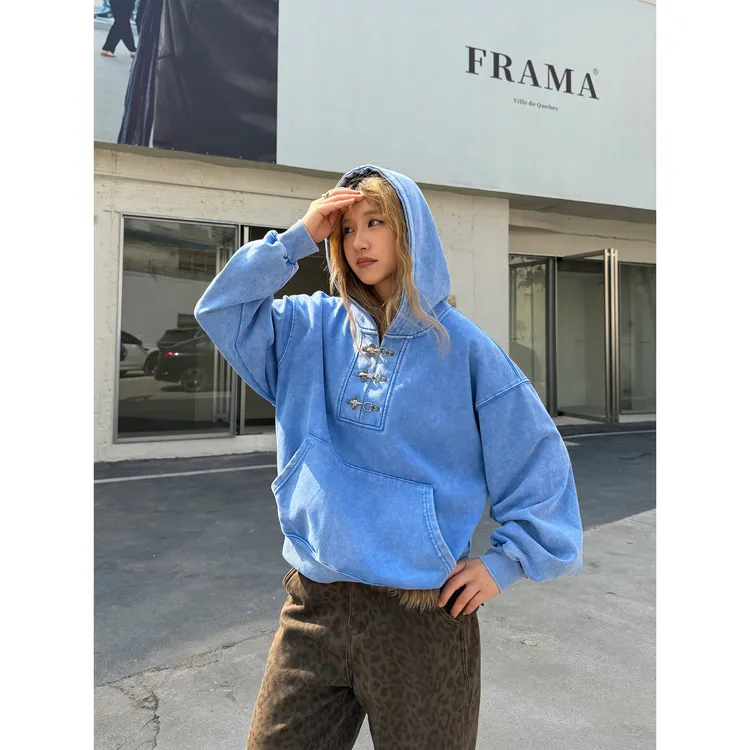 川川也家美式复古龙虾扣套头卫衣洗水做旧上衣男女宽松上衣秋冬