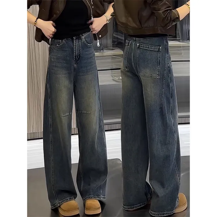 复古蓝阔腿裤牛仔裤女2025秋季新款小个子窄版高腰宽松显瘦弯刀裤