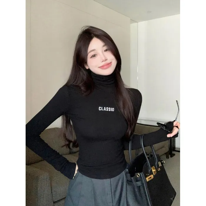字母刺绣加绒高领打底衫女秋冬修身堆堆领内搭短款长袖T恤上衣