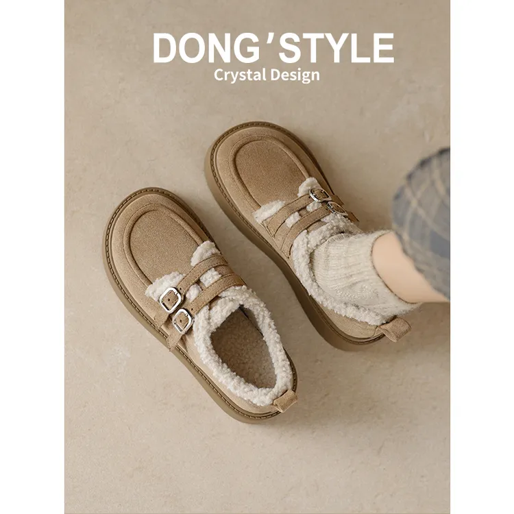 小个子厚底勃肯鞋女鞋2024年冬季新款加绒保暖毛毛棉鞋复古乐福鞋