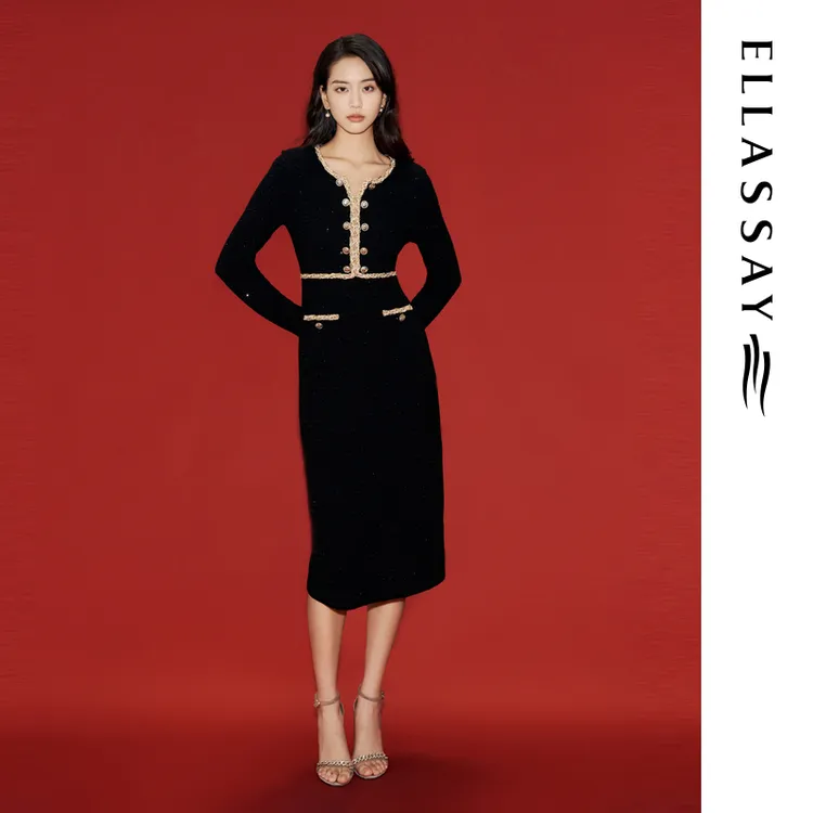 ELLASSAY歌力思2025琥珀流光秋冬绵羊毛中款连衣裙女EWW361M05500