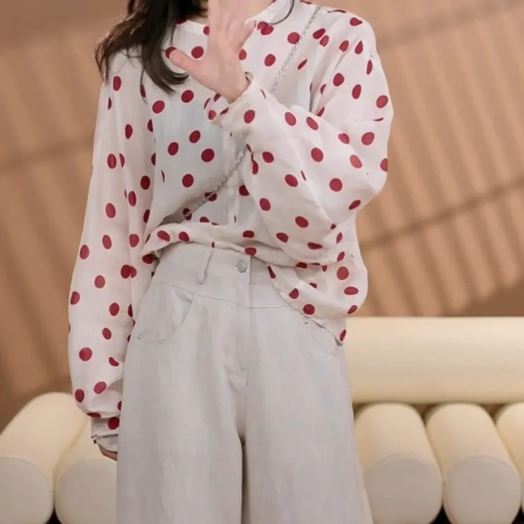 法式通勤轻职红色波点衬衫女2025春夏新款衬衣圆领百搭娃娃衫上衣