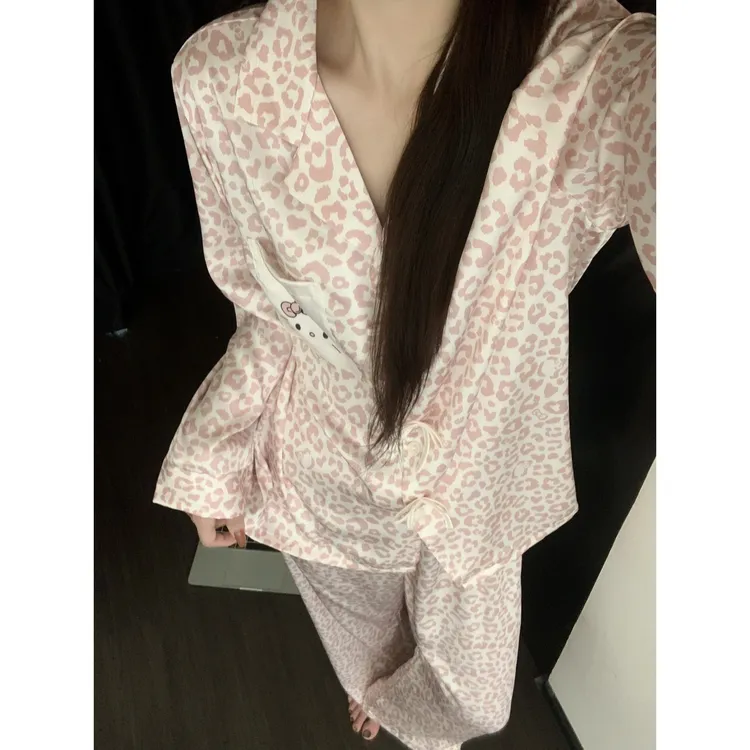 少女粉豹纹Kitty甜美冰丝睡衣女款秋季长袖长裤可外穿家居服套装