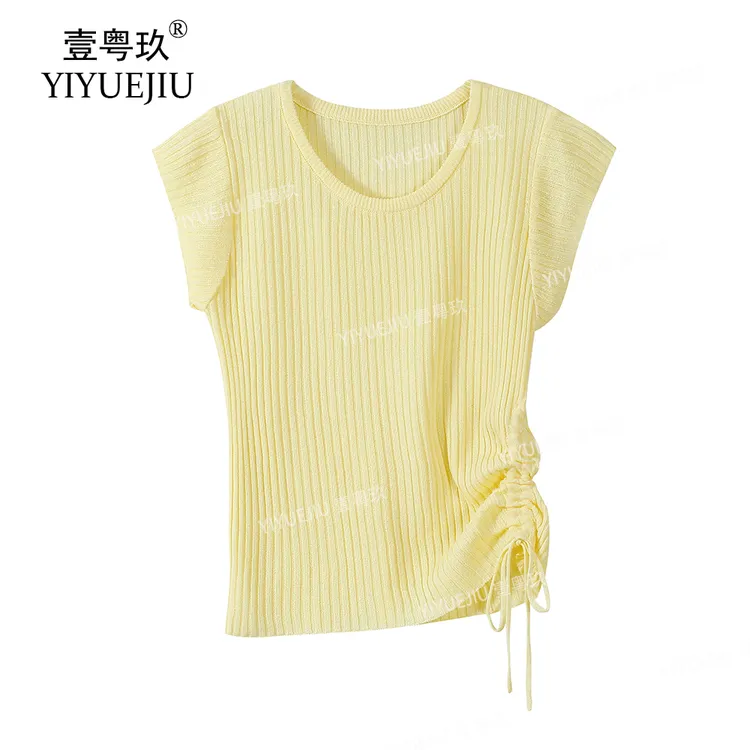 【现货】夏季抽绳针织衫短袖女修身韩版时尚纯色T恤设计感上衣百搭