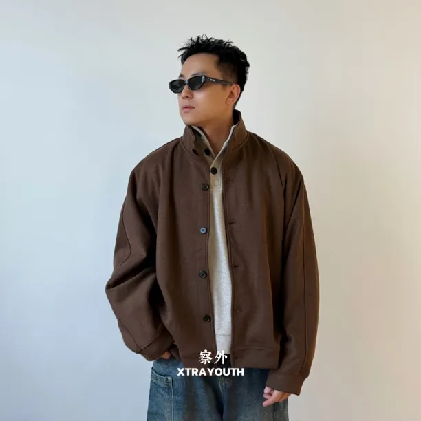 察外XY【松弛感】廓形羊毛醋酸夹克立领卫衣情侣外套夹克慵懒保暖