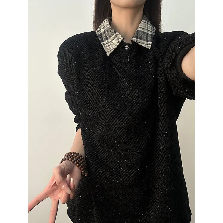 黑色满天星针织polo衫男秋冬季加绒加厚格子翻领卫衣cleanfit外套