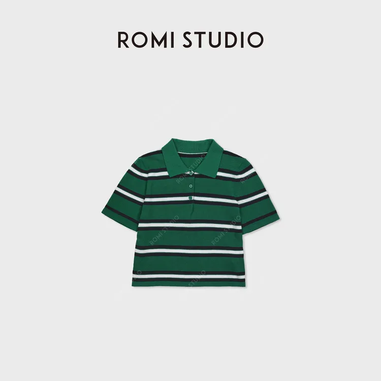 ROMI STUDIO100棉纱复古垂坠感横向毛织条纹polo短袖 RWCSSU6717