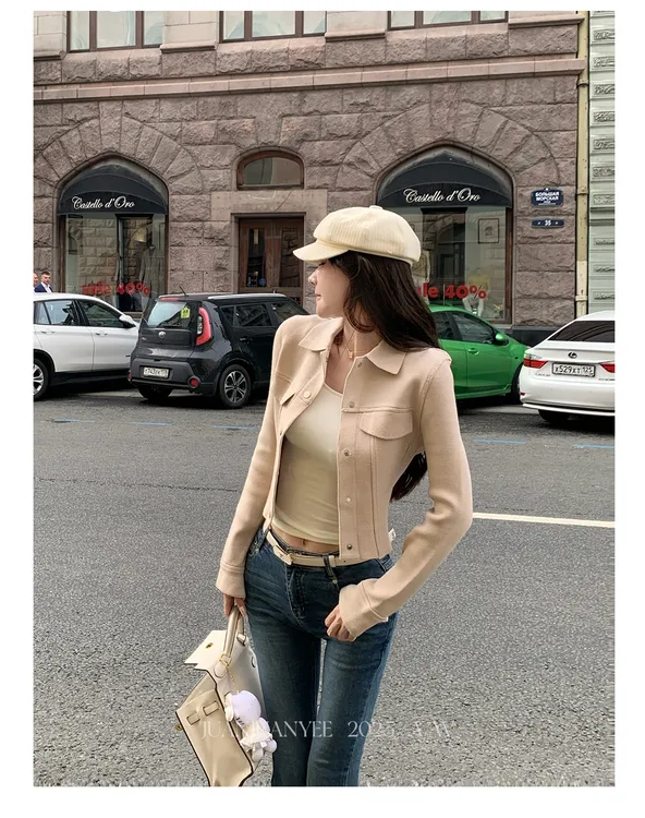 Cute 多金 法式修身型纯色秋季翻领女针织短外套气质网红上衣百搭